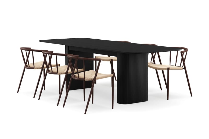 Kopparbo Spisebord 180-240 cm Udtræksbord med 6 Winston Spisestole, Sort / Beige / Metalben Røget eg