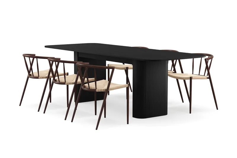 Kopparbo Spisebord 180-240 cm Udtræksbord med 6 Winston Spisestole, Sort / Beige / Metalben Røget eg