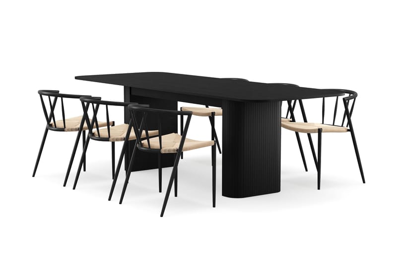 Kopparbo Spisebord 180-240 cm Udtræksbord med 6 Winston Spisestole, Sort / Beige / Metalben Sort