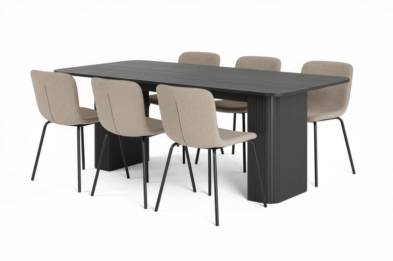 Kopparbo Spisebord 200-260 cm Udtræksbord med 4 Katy Spisestole, Sort / Greige Bouclé / Metalben Sort