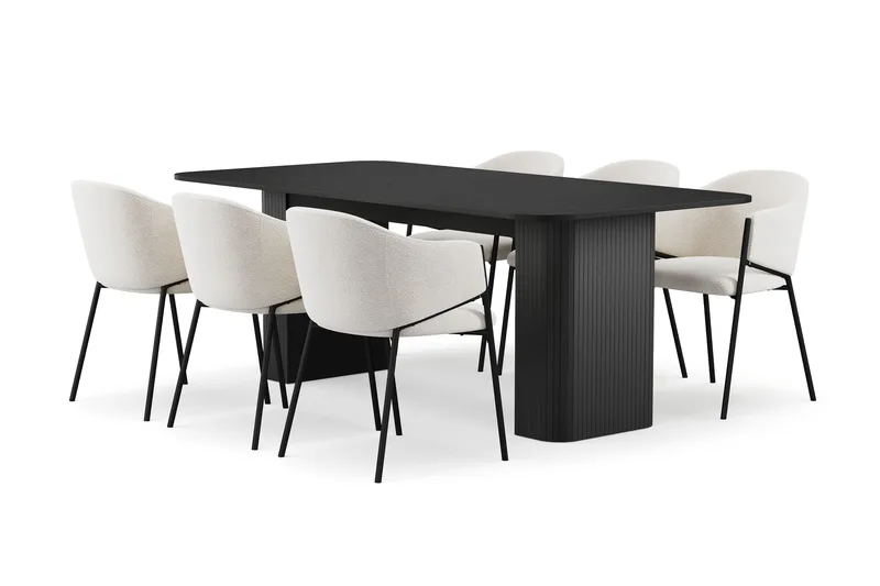 Kopparbo Spisebord 200-260 cm Udtræksbord med 6 Filip Spisestole, Sort / Hvid Bouclé