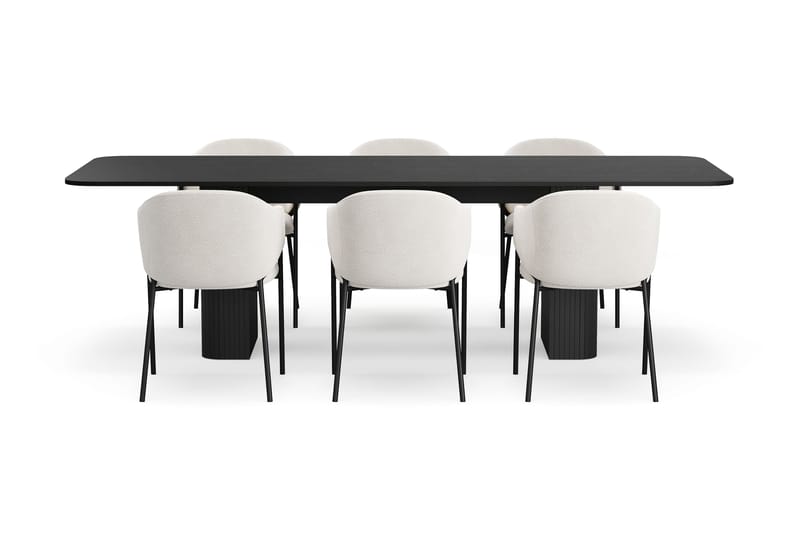 Kopparbo Spisebord 200-260 cm Udtræksbord med 6 Filip Spisestole - Sort / Hvid Bouclé - Møbler - Borde - Spisebordssæt