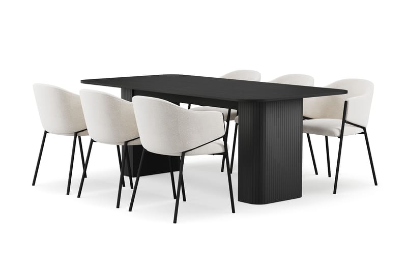 Kopparbo Spisebord 200-260 cm Udtræksbord med 6 Filip Spisestole, Sort / Hvid Bouclé