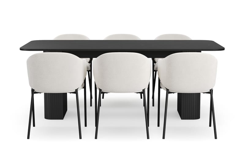 Kopparbo Spisebord 200-260 cm Udtræksbord med 6 Filip Spisestole - Sort / Hvid Bouclé - Møbler - Borde - Spisebordssæt