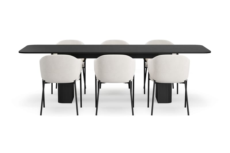 Kopparbo Spisebord 200-260 cm Udtræksbord med 6 Filip Spisestole - Sort / Hvid Bouclé - Møbler - Borde - Spisebordssæt