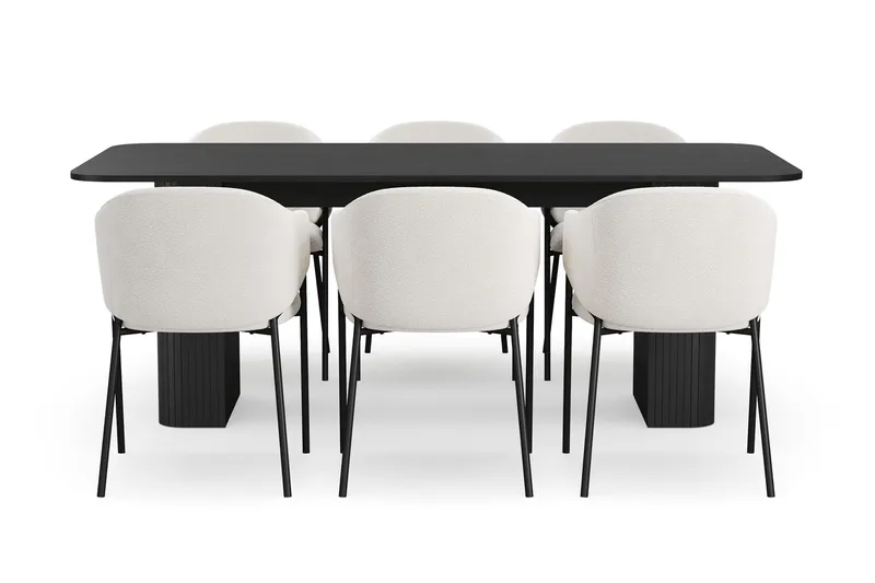 Kopparbo Spisebord 200-260 cm Udtræksbord med 6 Filip Spisestole - Sort / Hvid Bouclé - Møbler - Borde - Spisebordssæt