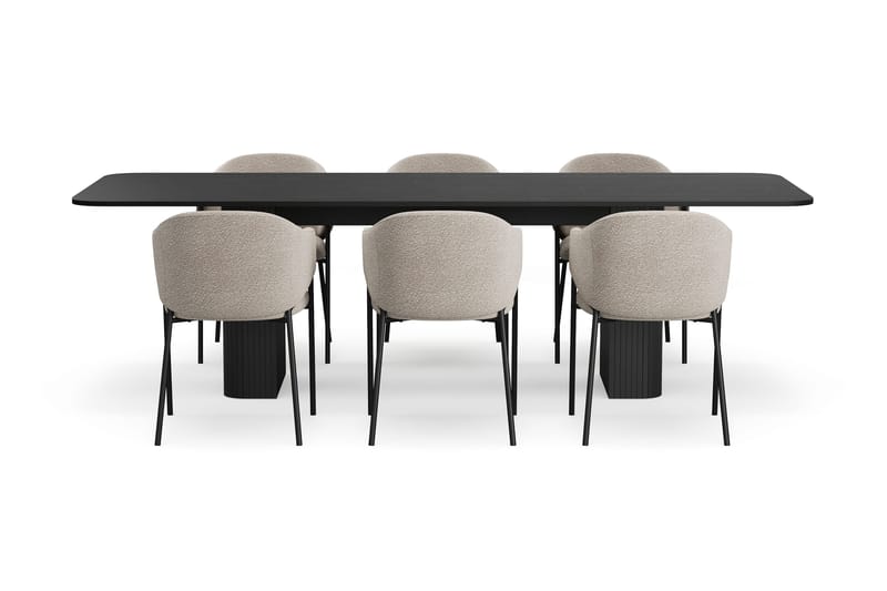 Kopparbo Spisebord 200-260 cm Udtræksbord med 6 Filip Spisestole - Sort / Taupe Bouclé - Møbler - Borde - Spisebordssæt