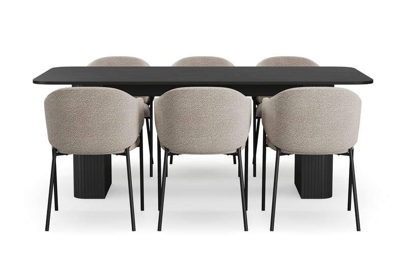 Kopparbo Spisebord 200-260 cm Udtræksbord med 6 Filip Spisestole - Sort / Taupe Bouclé - Møbler - Borde - Spisebordssæt