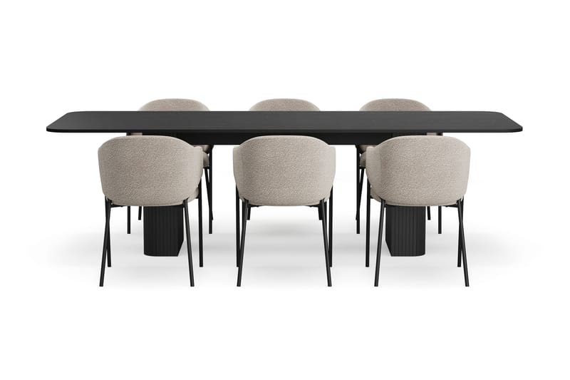 Kopparbo Spisebord 200-260 cm Udtræksbord med 6 Filip Spisestole - Sort / Taupe Bouclé - Møbler - Borde - Spisebordssæt