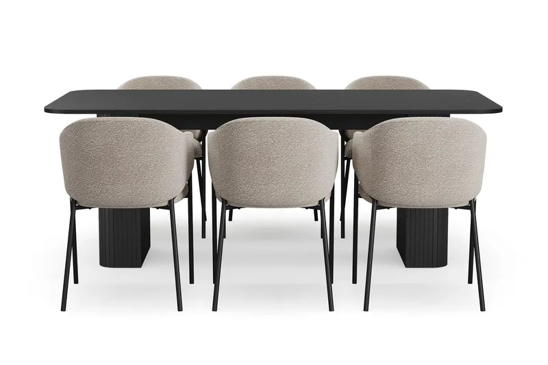 Kopparbo Spisebord 200-260 cm Udtræksbord med 6 Filip Spisestole - Sort / Taupe Bouclé - Møbler - Borde - Spisebordssæt