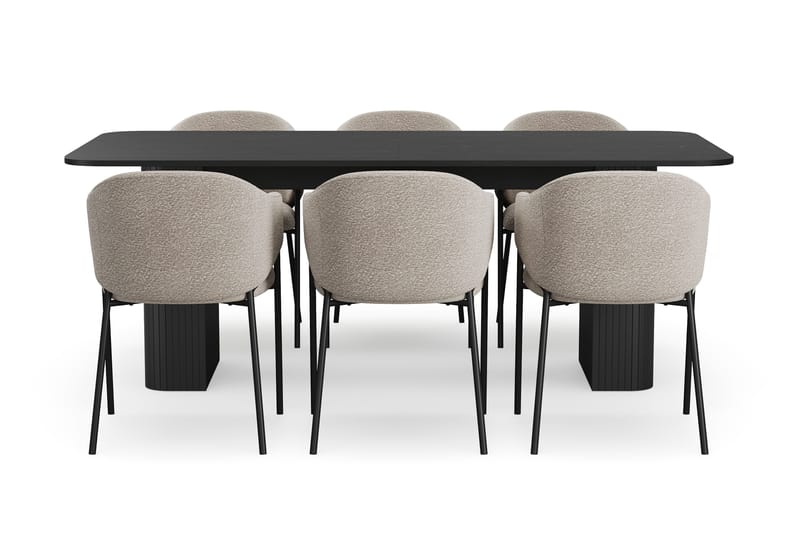 Kopparbo Spisebord 200-260 cm Udtræksbord med 6 Filip Spisestole - Sort / Taupe Bouclé - Møbler - Borde - Spisebordssæt