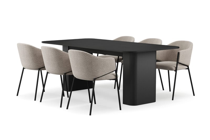 Kopparbo Spisebord 200-260 cm Udtræksbord med 6 Filip Spisestole, Sort / Taupe Bouclé