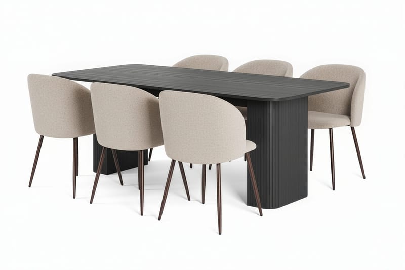 Kopparbo Spisebord 200-260 cm Udtræksbord med 6 Greya Spisestole med armlæn, Sort / Greige Bouclé / Metalben Eg