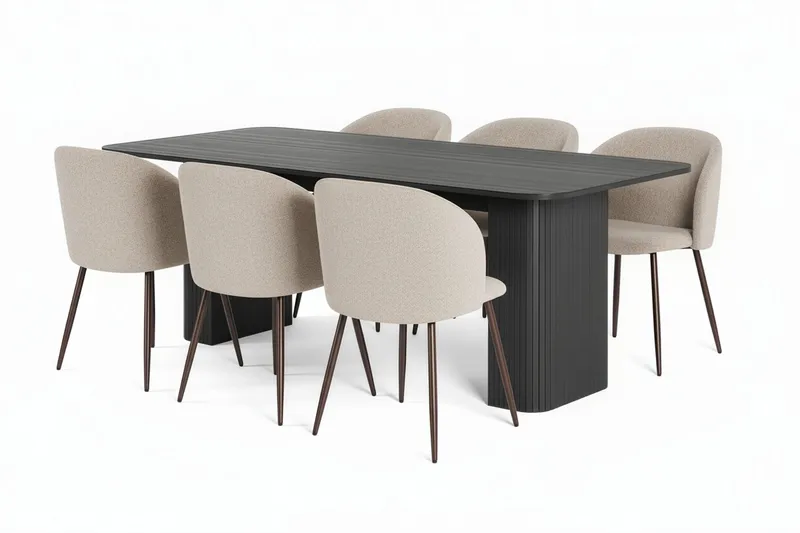 Kopparbo Spisebord 200-260 cm Udtræksbord med 6 Greya Spisestole med armlæn, Sort / Greige Bouclé / Metalben Eg