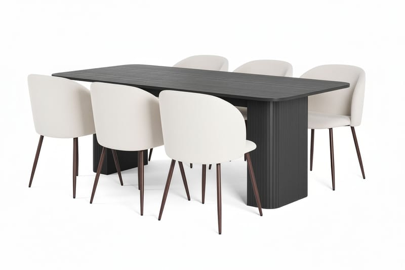 Kopparbo Spisebord 200-260 cm Udtræksbord med 6 Greya Spisestole med armlæn, Sort / Hvid Bouclé / Metalben Valnød