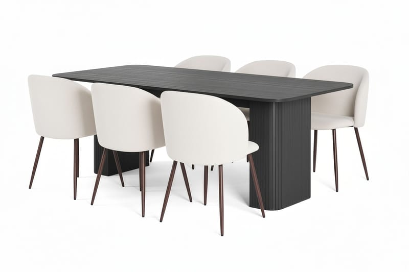 Kopparbo Spisebord 200-260 cm Udtræksbord med 6 Greya Spisestole med armlæn, Sort / Hvid Bouclé / Metalben Valnød
