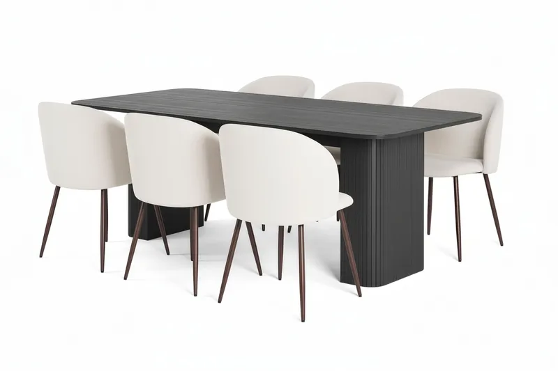 Kopparbo Spisebord 200-260 cm Udtræksbord med 6 Greya Spisestole med armlæn, Sort / Hvid Bouclé / Metalben Valnød