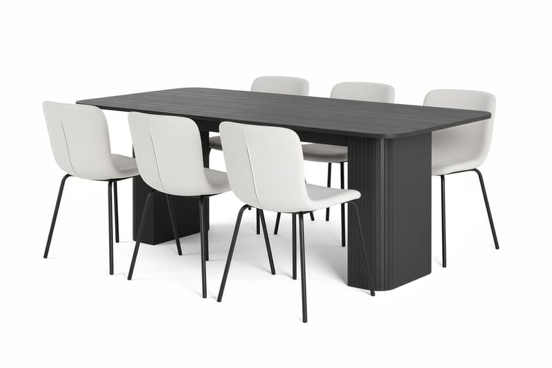 Kopparbo Spisebord 200-260 cm Udtræksbord med 6 Katy Spisestole, Sort / Hvid Bouclé / Metalben Sort