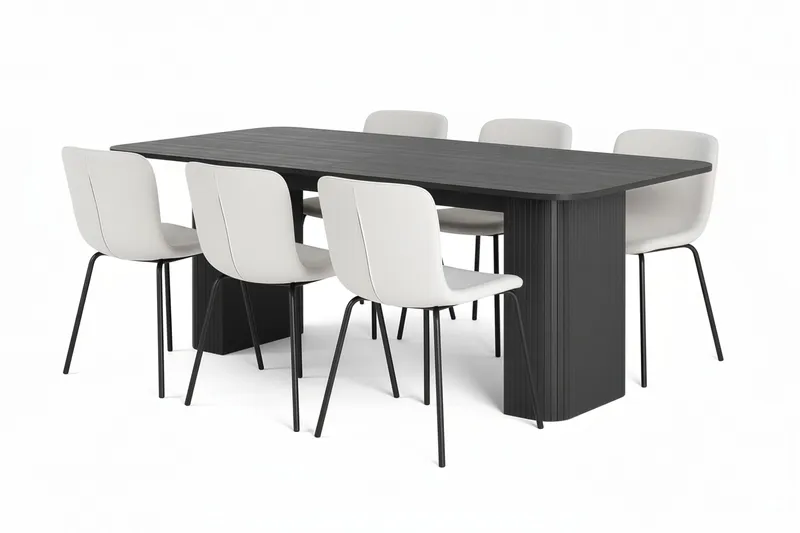 Kopparbo Spisebord 200-260 cm Udtræksbord med 6 Katy Spisestole, Sort / Hvid Bouclé / Metalben Sort