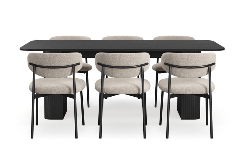 Kopparbo Spisebord 200-260 cm Udtræksbord med 6 Lucy Spisestole - Sort / Greige Bouclé / Metalben Sort - Møbler - Borde - Spisebordssæt