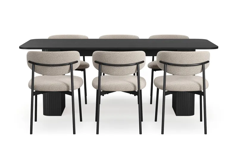 Kopparbo Spisebord 200-260 cm Udtræksbord med 6 Lucy Spisestole - Sort / Greige Bouclé / Metalben Sort - Møbler - Borde - Spisebordssæt