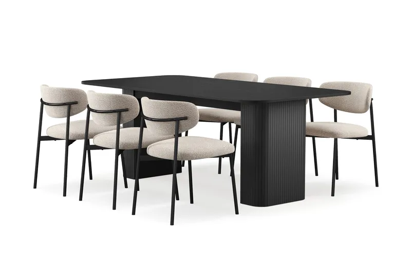 Kopparbo Spisebord 200-260 cm Udtræksbord med 6 Lucy Spisestole, Sort / Greige Bouclé / Metalben Sort