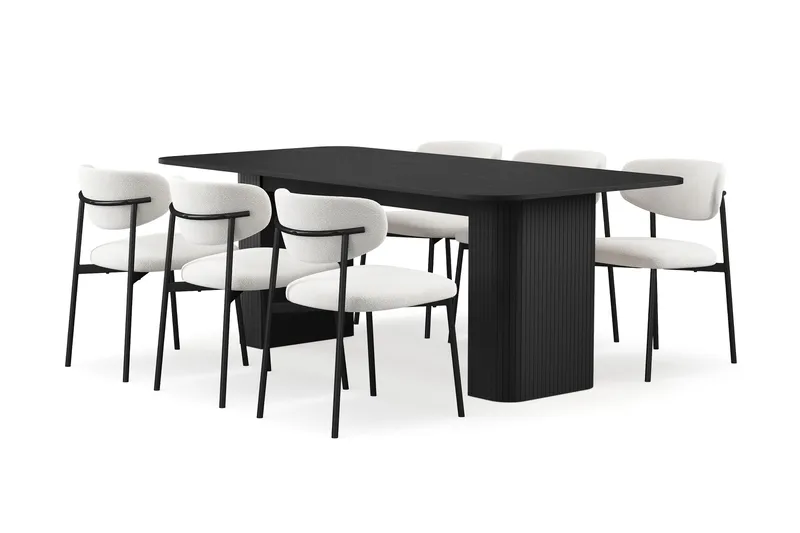 Kopparbo Spisebord 200-260 cm Udtræksbord med 6 Lucy Spisestole, Sort / Hvid Bouclé / Metalben Sort