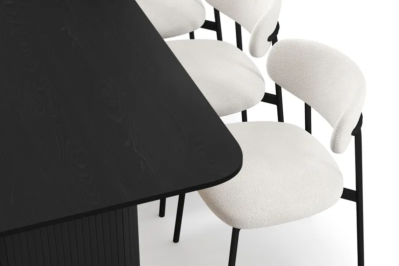 Kopparbo Spisebord 200-260 cm Udtræksbord med 6 Lucy Spisestole - Sort / Hvid Bouclé / Metalben Sort - Møbler - Borde - Spisebordssæt