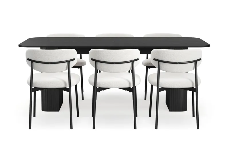 Kopparbo Spisebord 200-260 cm Udtræksbord med 6 Lucy Spisestole - Sort / Hvid Bouclé / Metalben Sort - Møbler - Borde - Spisebordssæt