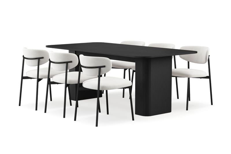 Kopparbo Spisebord 200-260 cm Udtræksbord med 6 Lucy Spisestole, Sort / Hvid Bouclé / Metalben Sort