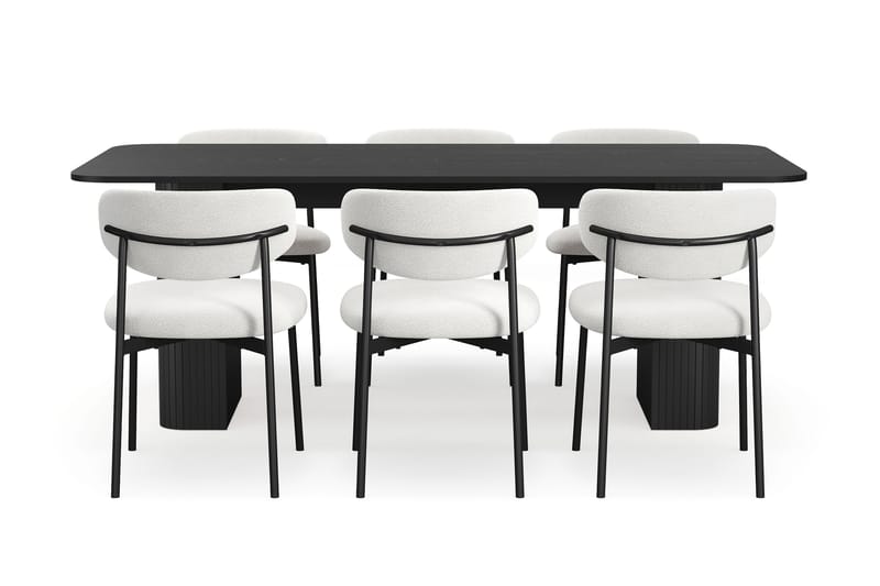 Kopparbo Spisebord 200-260 cm Udtræksbord med 6 Lucy Spisestole - Sort / Hvid Bouclé / Metalben Sort - Møbler - Borde - Spisebordssæt