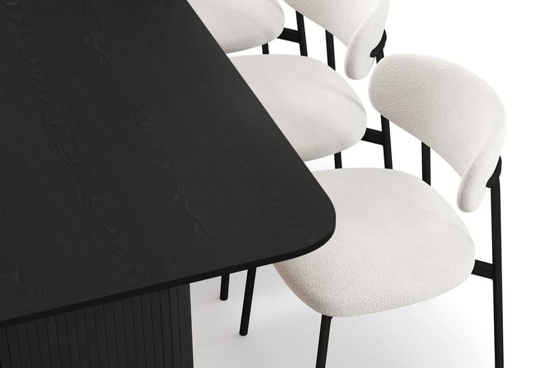 Kopparbo Spisebord 200-260 cm Udtræksbord med 6 Lucy Spisestole - Sort / Hvid Bouclé / Metalben Sort - Møbler - Borde - Spisebordssæt