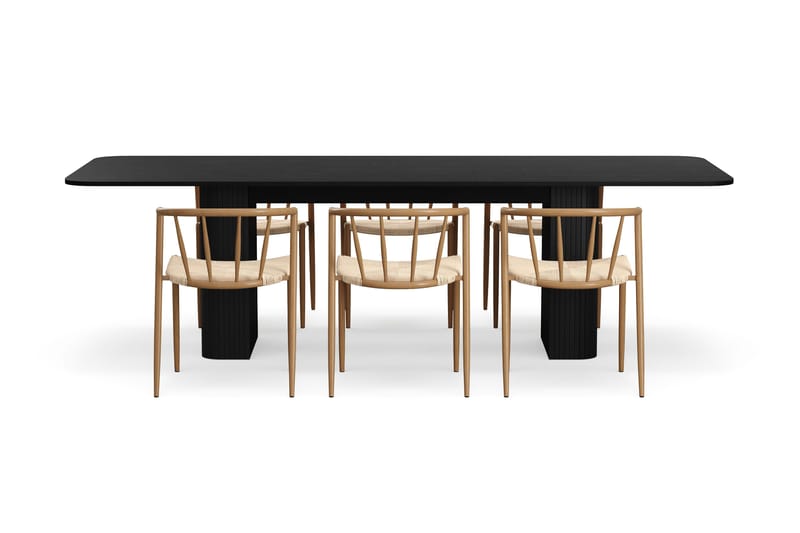 Kopparbo Spisebord 200-260 cm Udtræksbord med 6 Winston Spisestole - Sort / Beige / Metalben Eg - Møbler - Borde - Spisebordssæt