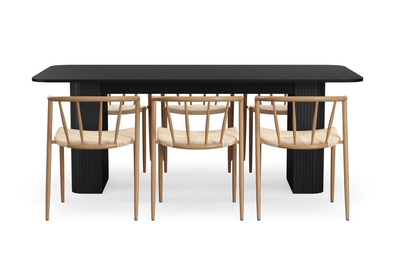 Kopparbo Spisebord 200-260 cm Udtræksbord med 6 Winston Spisestole - Sort / Beige / Metalben Eg - Møbler - Borde - Spisebordssæt