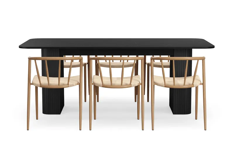 Kopparbo Spisebord 200-260 cm Udtræksbord med 6 Winston Spisestole - Sort / Beige / Metalben Eg - Møbler - Borde - Spisebordssæt