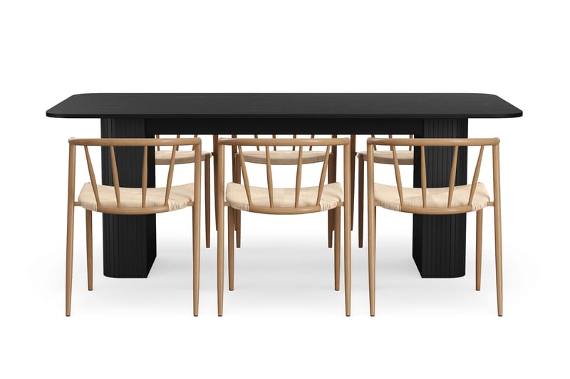 Kopparbo Spisebord 200-260 cm Udtræksbord med 6 Winston Spisestole - Sort / Beige / Metalben Eg - Møbler - Borde - Spisebordssæt