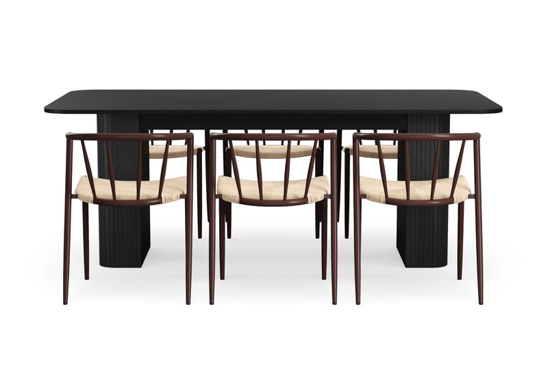 Kopparbo Spisebord 200-260 cm Udtræksbord med 6 Winston Spisestole - Sort / Beige / Metalben Røget eg - Møbler - Borde - Spisebordssæt