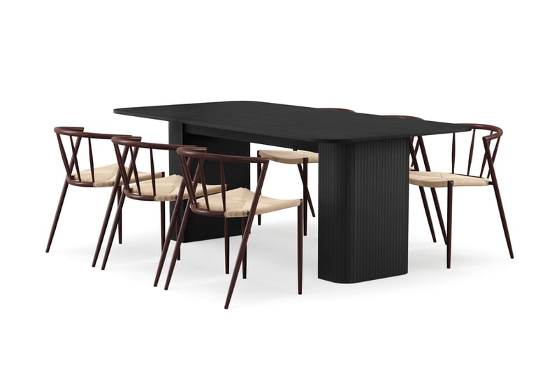 Kopparbo Spisebord 200-260 cm Udtræksbord med 6 Winston Spisestole, Sort / Beige / Metalben Røget eg