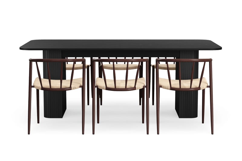 Kopparbo Spisebord 200-260 cm Udtræksbord med 6 Winston Spisestole - Sort / Beige / Metalben Røget eg - Møbler - Borde - Spisebordssæt