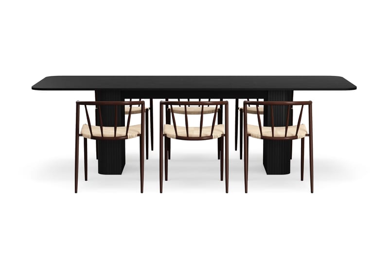 Kopparbo Spisebord 200-260 cm Udtræksbord med 6 Winston Spisestole - Sort / Beige / Metalben Røget eg - Møbler - Borde - Spisebordssæt