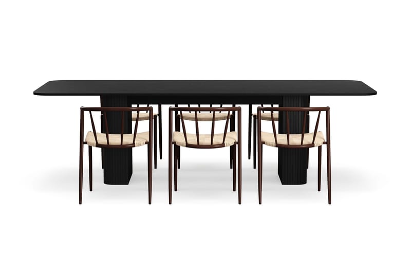 Kopparbo Spisebord 200-260 cm Udtræksbord med 6 Winston Spisestole - Sort / Beige / Metalben Røget eg - Møbler - Borde - Spisebordssæt