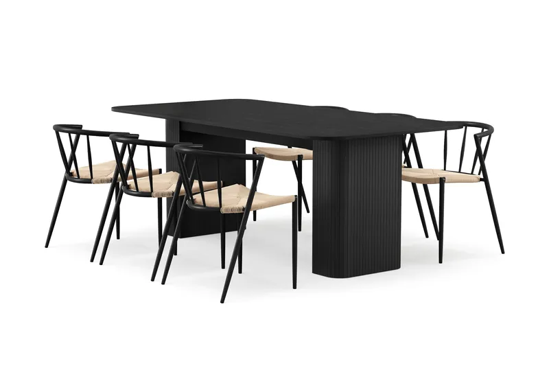 Kopparbo Spisebord 200-260 cm Udtræksbord med 6 Winston Spisestole, Sort / Beige / Metalben Sort