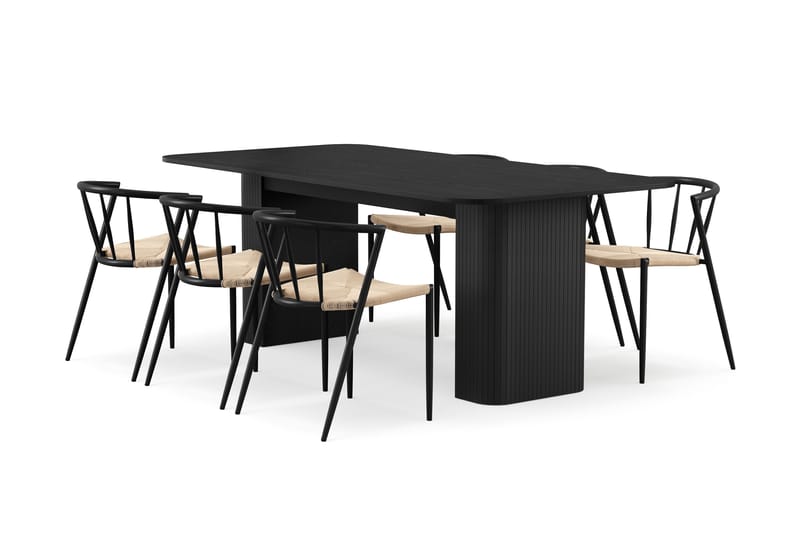 Kopparbo Spisebord 200-260 cm Udtræksbord med 6 Winston Spisestole, Sort / Beige / Metalben Sort