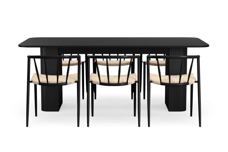Kopparbo Spisebord 200-260 cm Udtræksbord med 6 Winston Spisestole - Sort / Beige / Metalben Sort - Møbler - Borde - Spisebordssæt