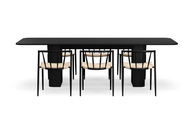 Kopparbo Spisebord 200-260 cm Udtræksbord med 6 Winston Spisestole - Sort / Beige / Metalben Sort - Møbler - Borde - Spisebordssæt