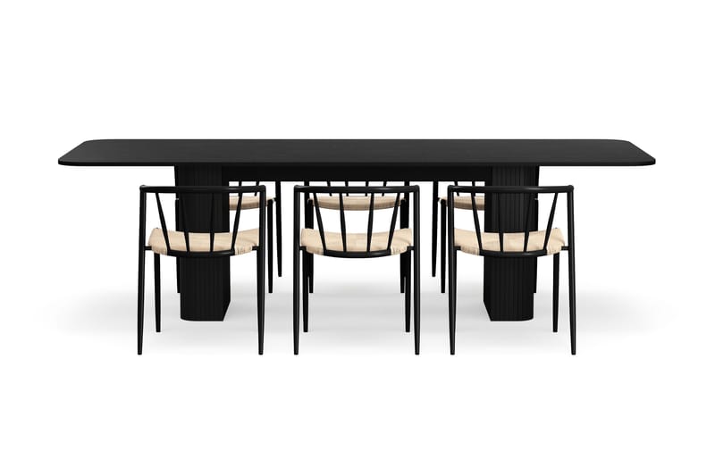 Kopparbo Spisebord 200-260 cm Udtræksbord med 6 Winston Spisestole - Sort / Beige / Metalben Sort - Møbler - Borde - Spisebordssæt