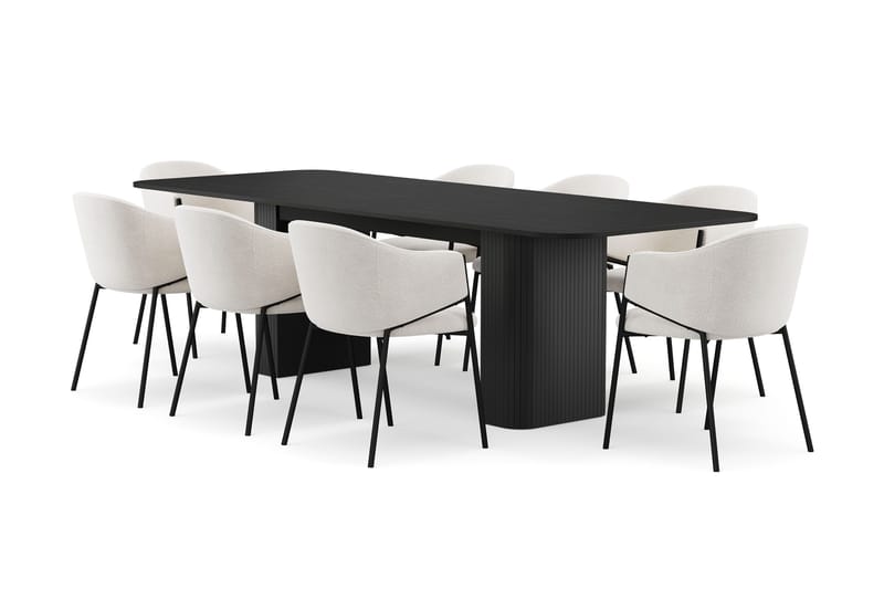 Kopparbo Spisebord 200-260 cm Udtræksbord med 8 Filip Spisestole, Sort / Hvid Bouclé