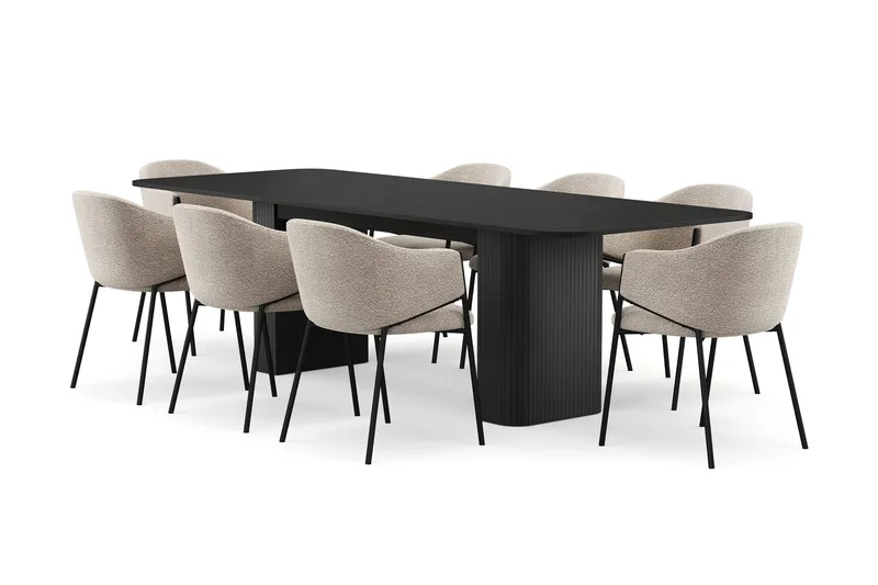 Kopparbo Spisebord 200-260 cm Udtræksbord med 8 Filip Spisestole, Sort / Taupe Bouclé