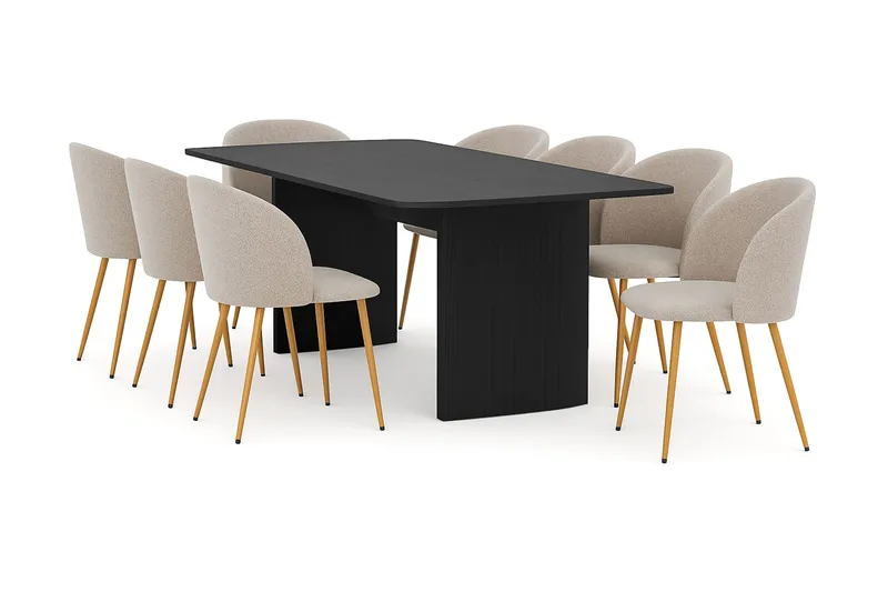 Kopparbo Spisebord 200-260 cm Udtræksbord med 8 Greya Spisestole med armlæn, Sort / Greige Bouclé / Metalben Eg