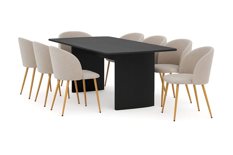 Kopparbo Spisebord 200-260 cm Udtræksbord med 8 Greya Spisestole med armlæn, Sort / Greige Bouclé / Metalben Eg